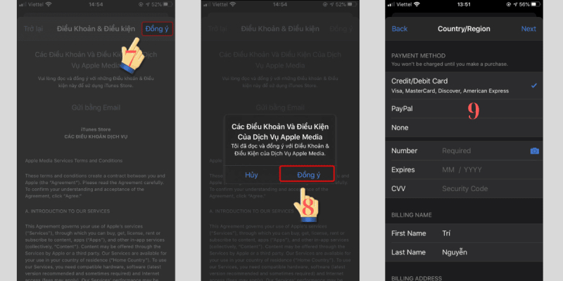 Đồng ý điều khoản và chọn hình thức thanh toán Apple ID