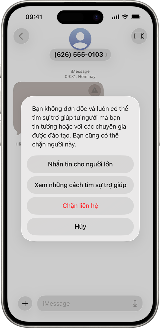 Khi con bạn nhận được hình ảnh/video có vẻ như chứa nội dung khỏa thân, tính năng Liên lạc an toàn sẽ làm mờ thông điệp đó và cung cấp trợ giúp.