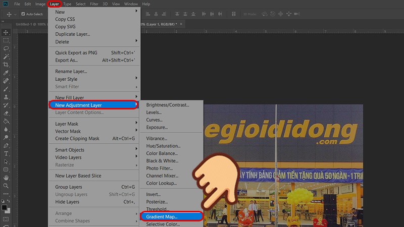Chọn Layer > New Adjustment Layer > Gradient Map
