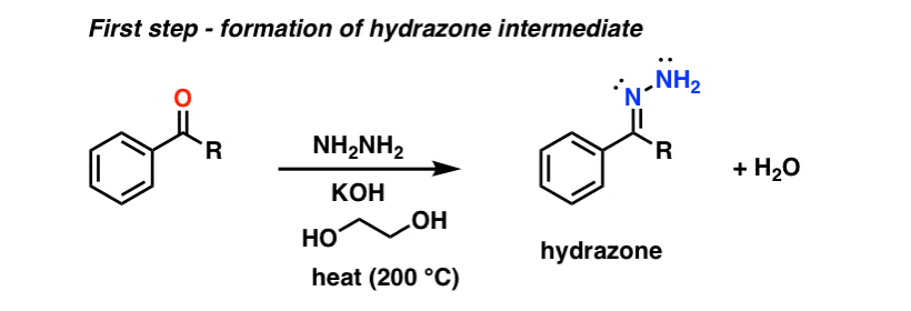wolff kishner mechanism deprotonation of hydrazone followed by protonation deprotonation loss of n2 formation of anion and protonation at carbon