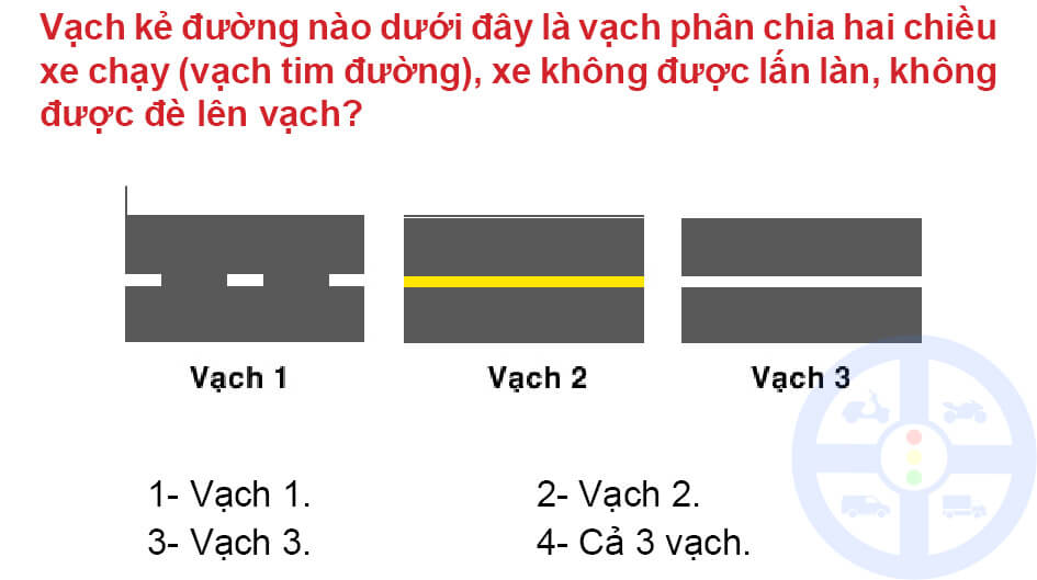 Vạch kẻ đường nào dưới đây là vạch phân chia hai chiều xe chạy (vạch tim đường), xe không được lấn làn, không được đè lên vạch?