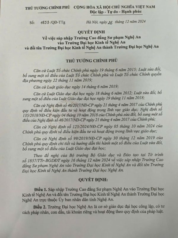 Sáp nhập Trường Cao đẳng Sư phạm Nghệ An vào Trường Đại học Kinh tế Nghệ An và đổi tên Trường Đại học Kinh tế Nghệ An thành Trường Đại học Nghệ An