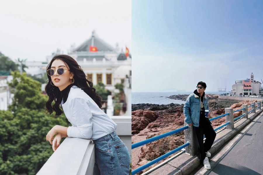 tạo dáng tựa người vào lan can