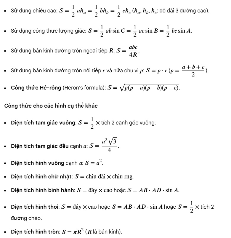 Công thức tính diện tích trong toán hình lớp 10