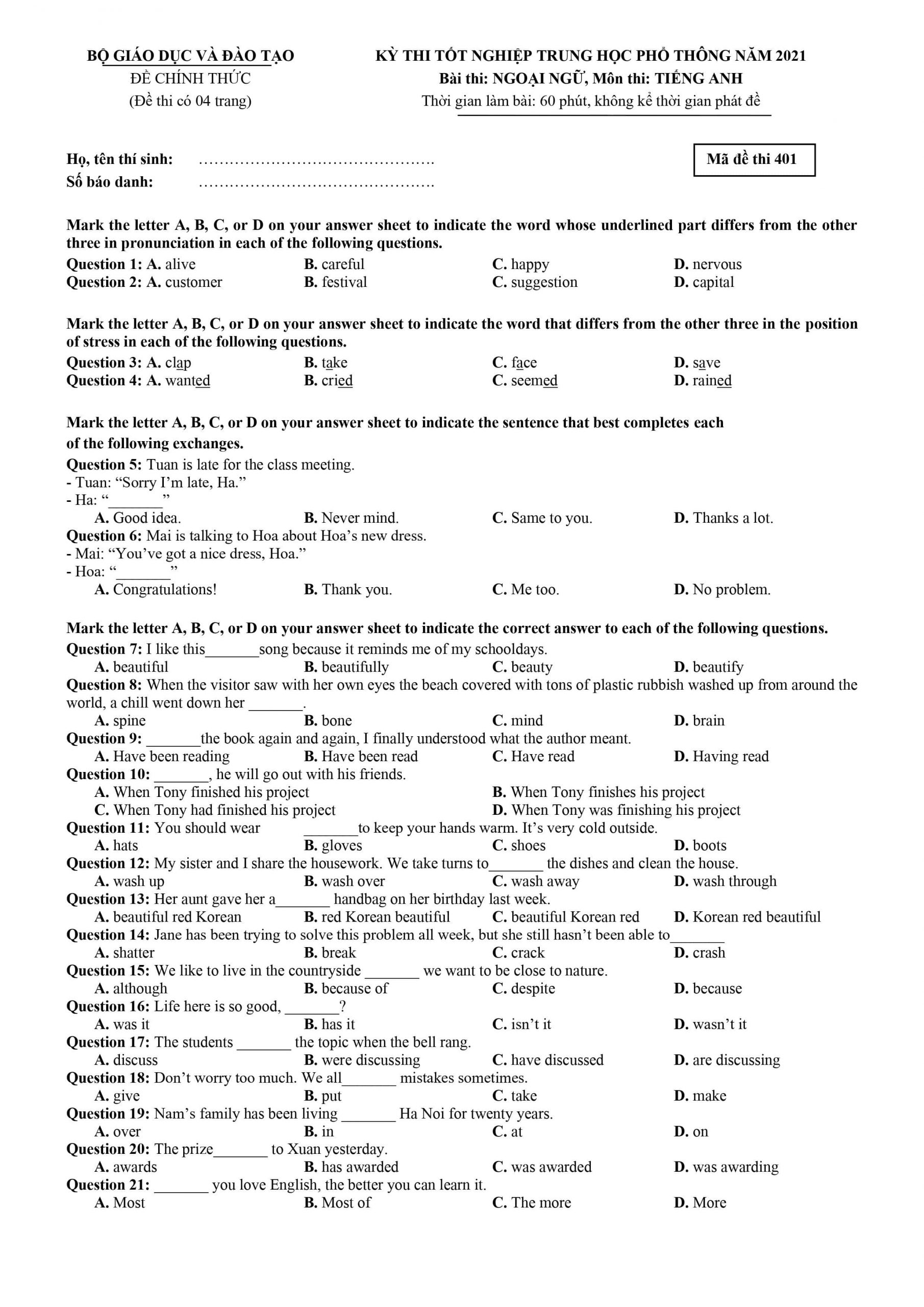 đề thi chính thức và đáp án môn Tiếng Anh kỳ thi tốt nghiệp THPT Quốc gia - 11