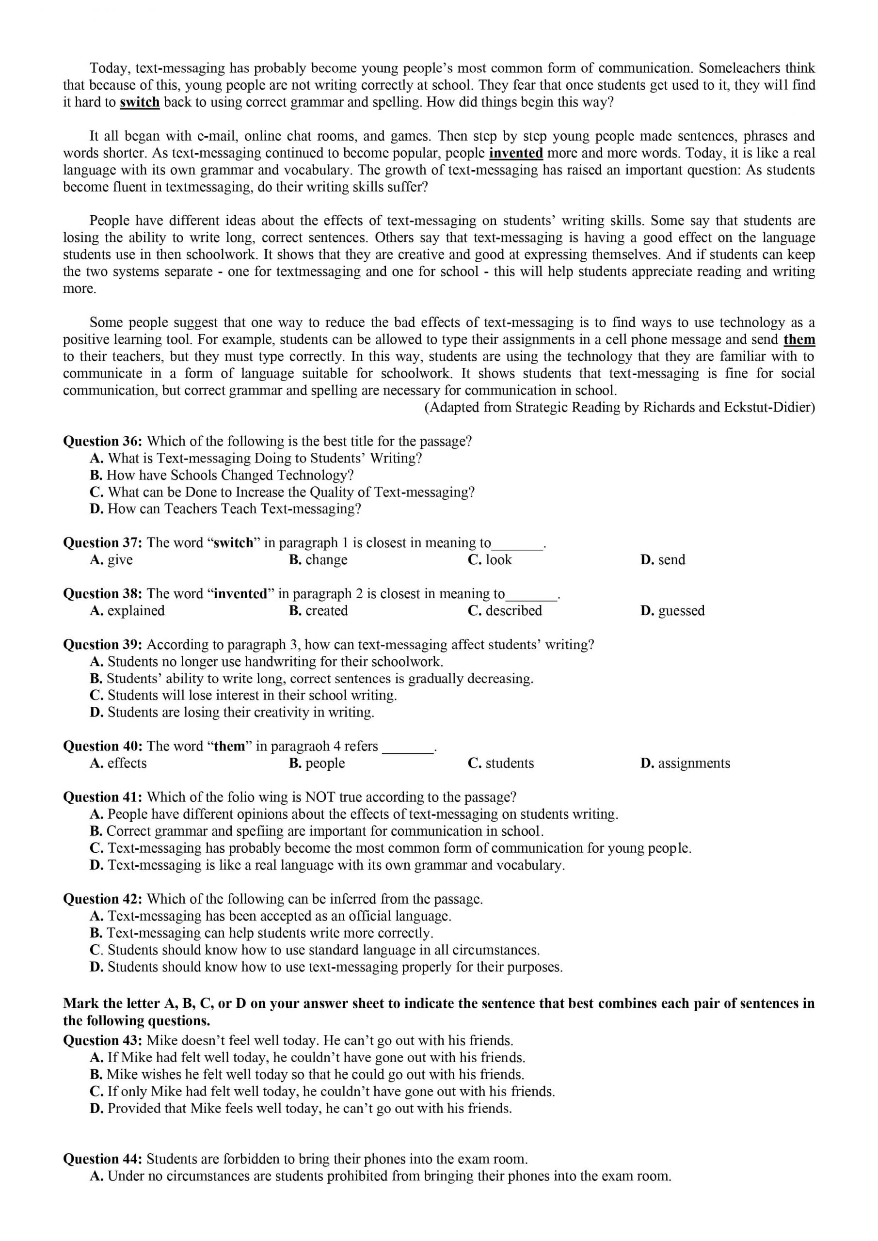 đề thi chính thức và đáp án môn Tiếng Anh kỳ thi tốt nghiệp THPT Quốc gia - 13