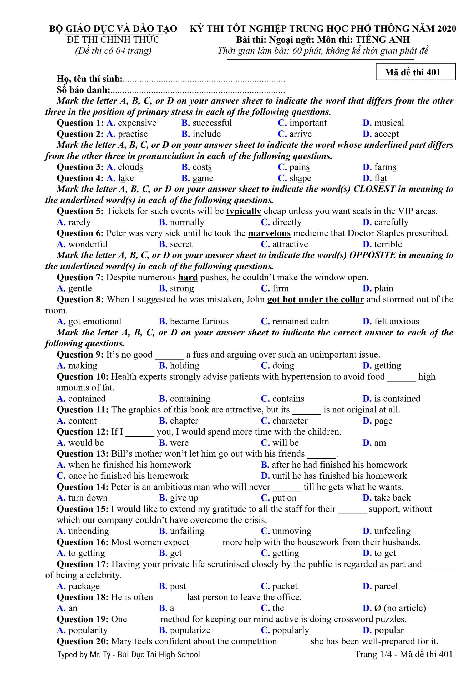 đề thi chính thức và đáp án môn Tiếng Anh kỳ thi tốt nghiệp THPT Quốc gia - 16