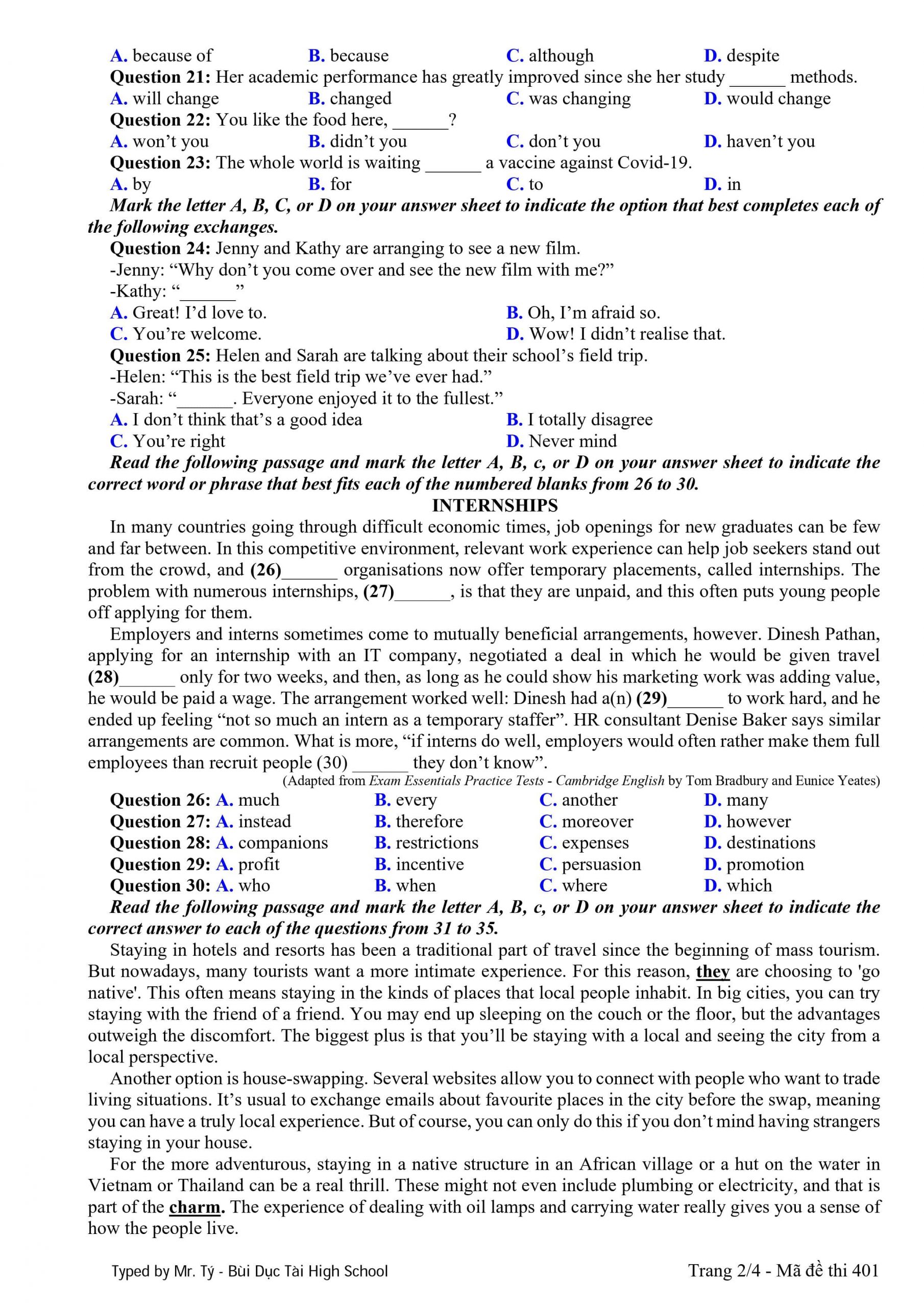 đề thi chính thức và đáp án môn Tiếng Anh kỳ thi tốt nghiệp THPT Quốc gia - 18