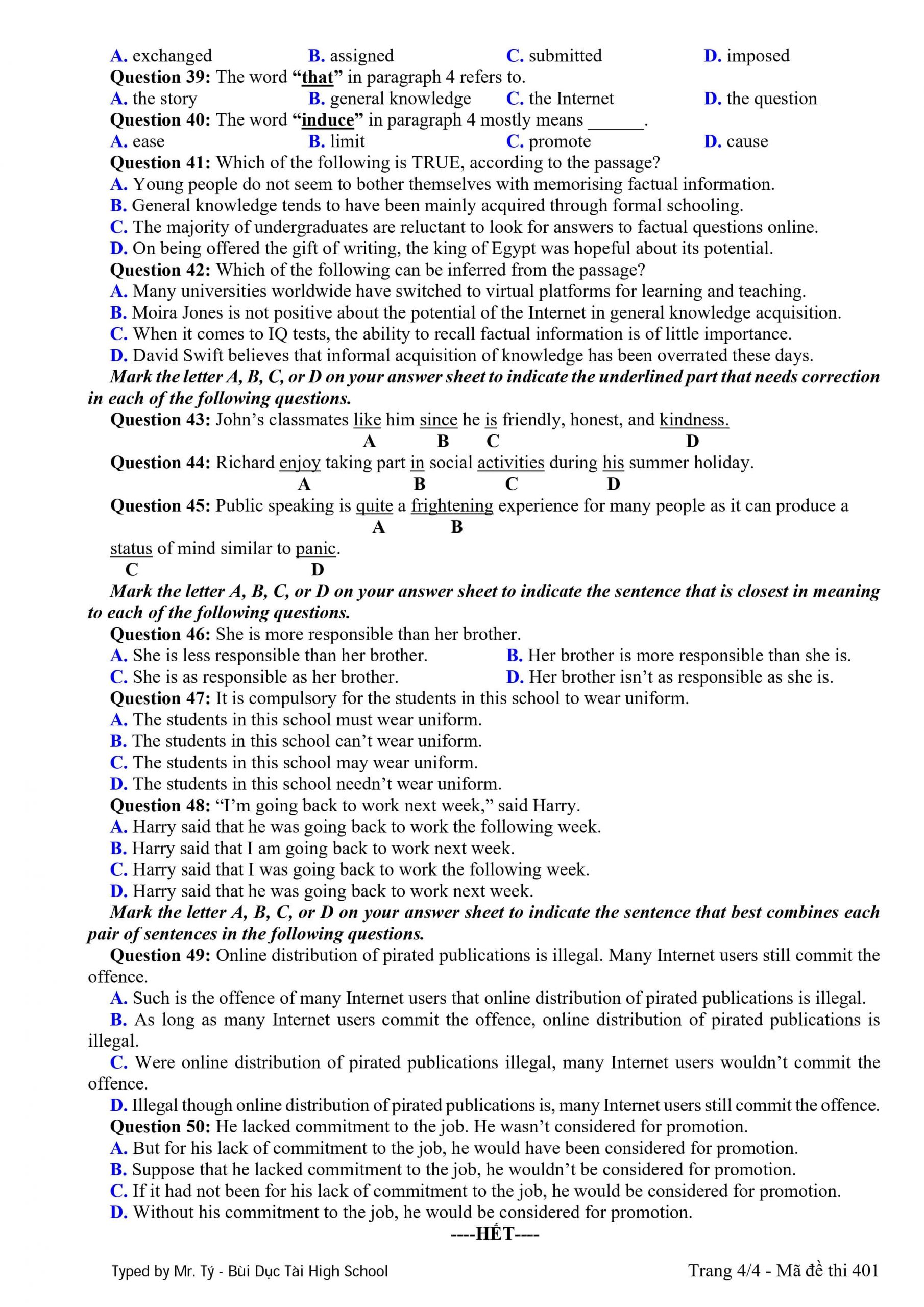 đề thi chính thức và đáp án môn Tiếng Anh kỳ thi tốt nghiệp THPT Quốc gia - 19