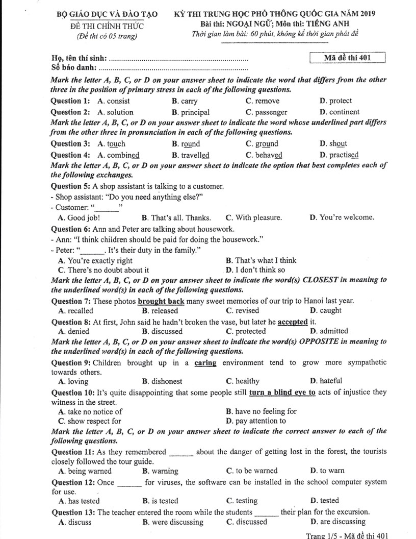 đề thi chính thức và đáp án môn Tiếng Anh kỳ thi tốt nghiệp THPT Quốc gia - 21