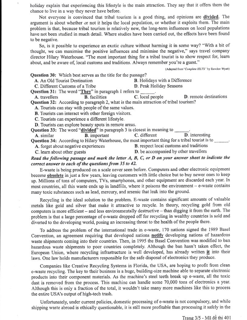 đề thi chính thức và đáp án môn Tiếng Anh kỳ thi tốt nghiệp THPT Quốc gia - 23