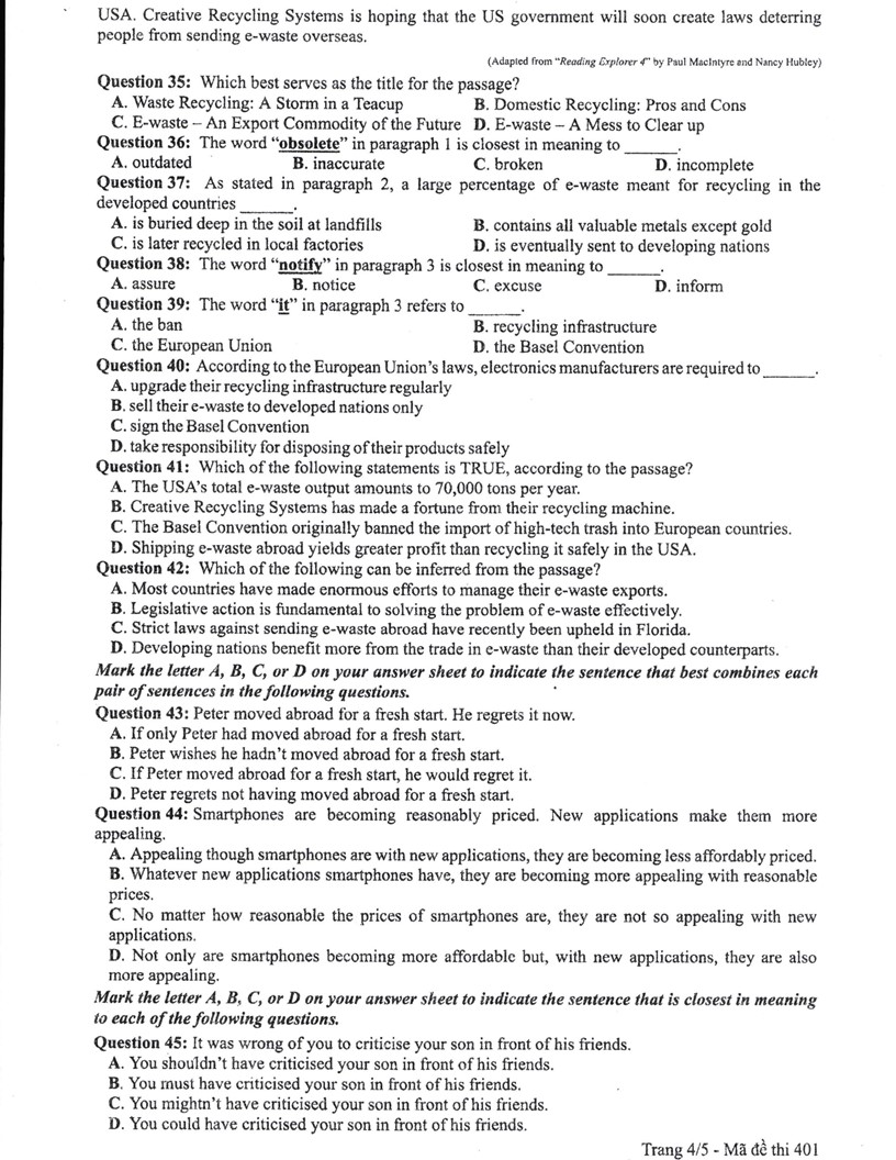 đề thi chính thức và đáp án môn Tiếng Anh kỳ thi tốt nghiệp THPT Quốc gia - 24