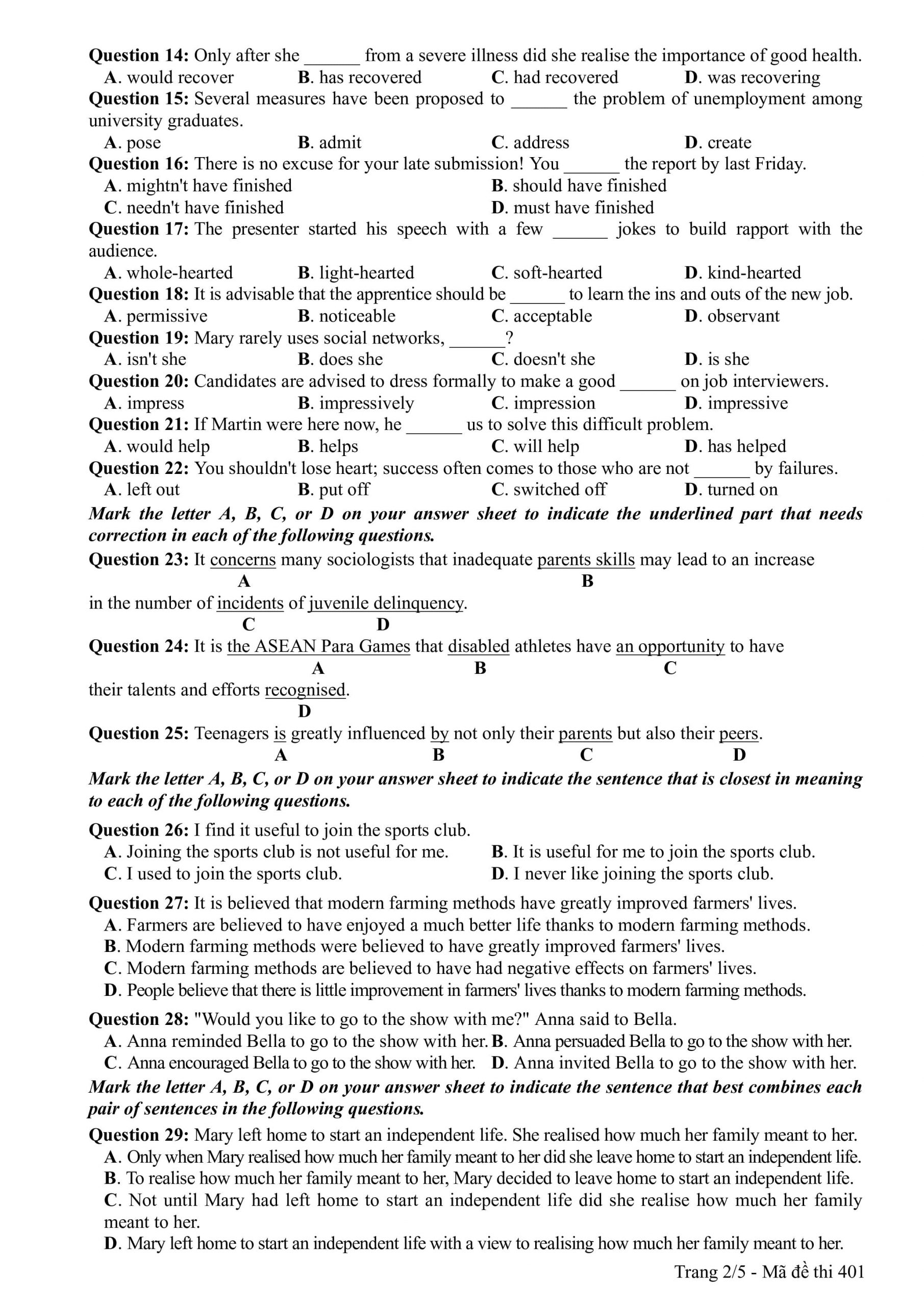 đề thi chính thức và đáp án môn Tiếng Anh kỳ thi tốt nghiệp THPT Quốc gia - 28