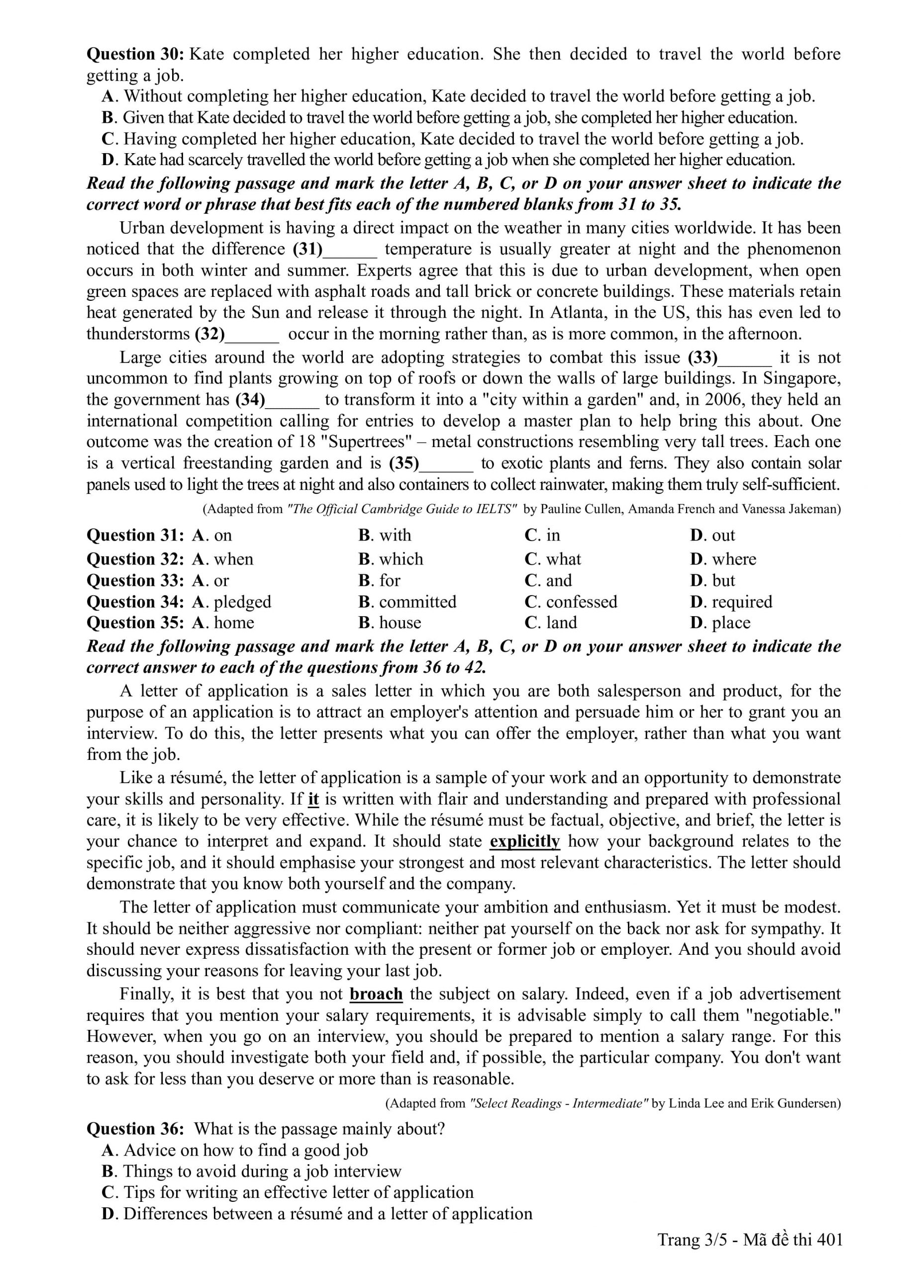 đề thi chính thức và đáp án môn Tiếng Anh kỳ thi tốt nghiệp THPT Quốc gia - 29