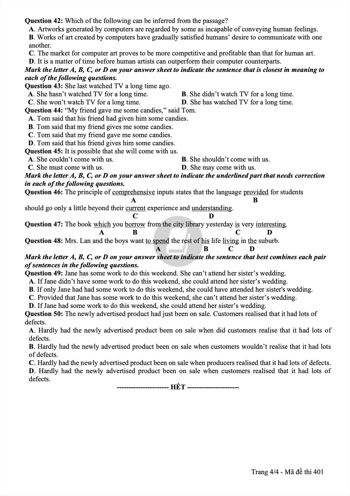 đề thi chính thức và đáp án môn Tiếng Anh kỳ thi tốt nghiệp THPT Quốc gia - 9