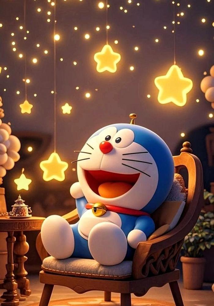 Doraemon ngồi cười hiền lành, gương mặt tràn đầy yêu thương