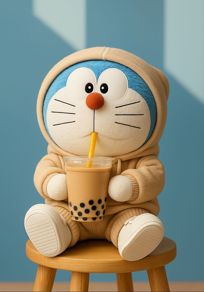 Doraemon đáng yêu với đôi mắt long lanh và cốc trà sữa