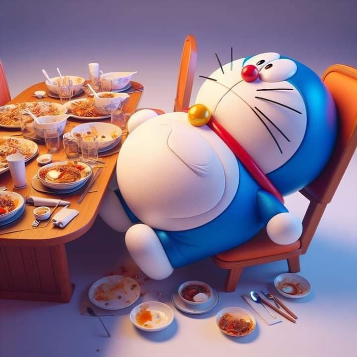 Hình ảnh Doraemon buồn ngủ ăn uống no nê
