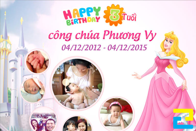 Mẫu phông bạt sinh nhật cho bé phong cách công chúa, in hình bé và gia đình