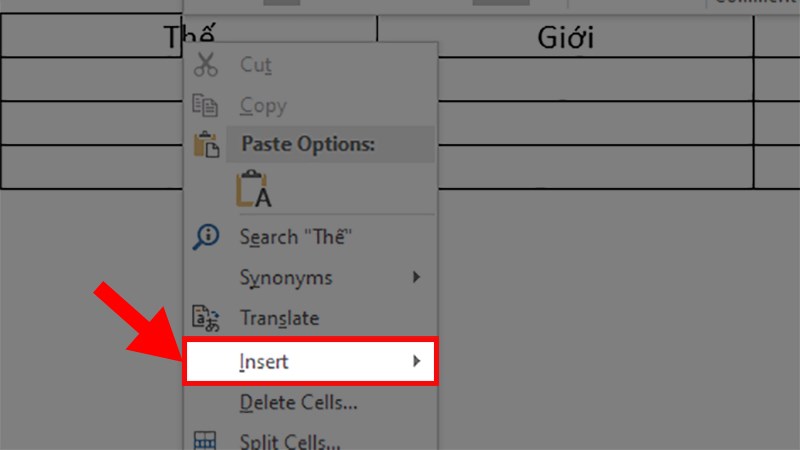 Nhấp chuột phải vào bảng đã tạo trong Word > Nhấn vào Insert