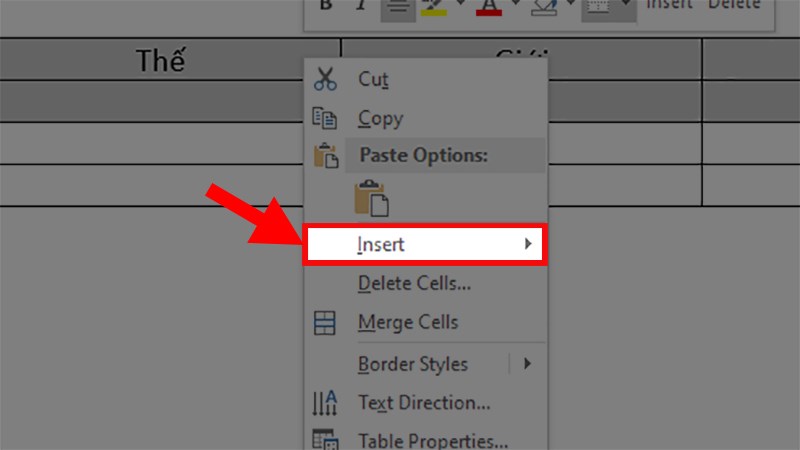 Nhấp chuột phải > Chọn Insert