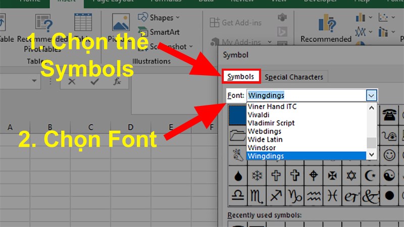 Ở hộp thoại hiện lên > Chọn thẻ Symbols > Chọn Font ký tự cần tìm