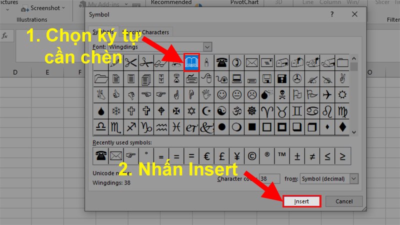 Chọn ký tự > Nhấn Insert để chèn ký tự vào Excel