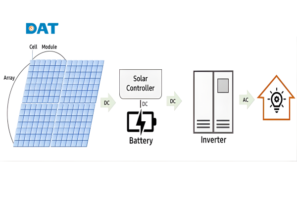 Sơ đồ chuyển đổi năng lượng từ kWp sang kWh qua bộ biến tần.