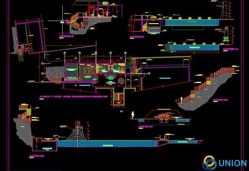 Bản thiết kế mặt cắt tổng thể công trình bể bơi thi đấu