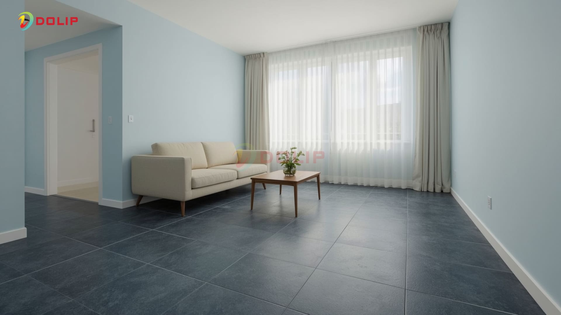 Căn hộ nhỏ phối xanh dương nhạt AP133-1(S) cho tường và xanh đậm AP131-3 (T) cho nền - nhẹ nhàng, đồng nhất.