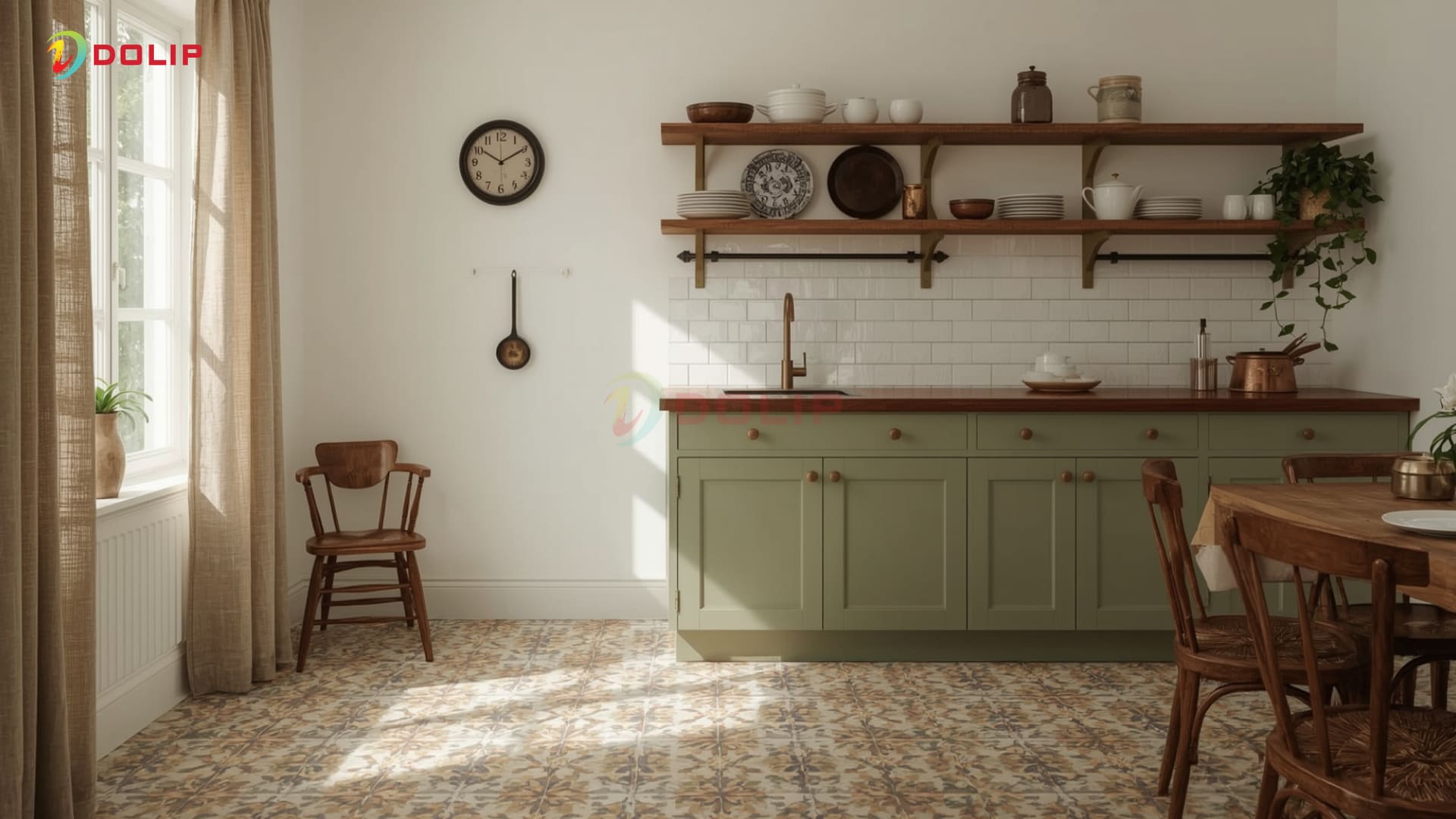 Khu bếp gạch bông vintage, tường trắng tinh KA-1(S) tạo phong cách hoài cổ