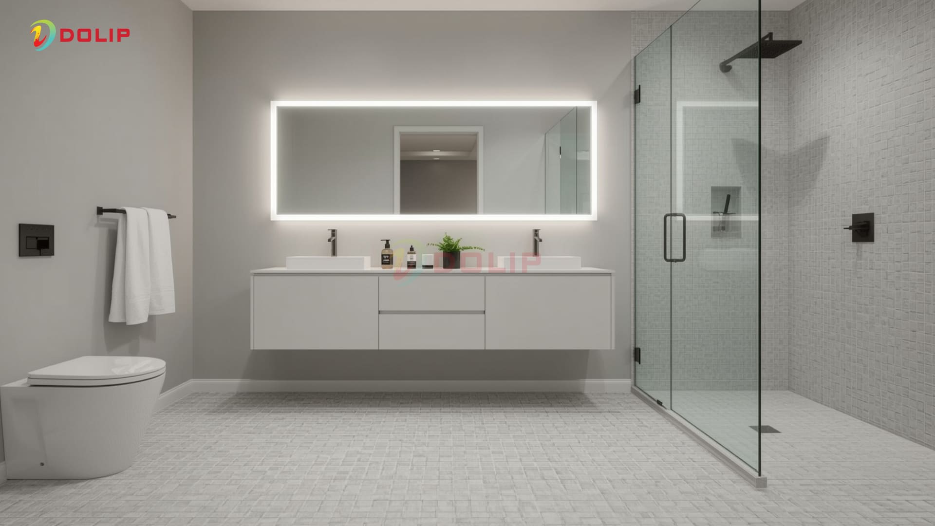 Phòng tắm gạch mosaic phối tường ghi nhạt KA-1(S) tạo cảm giác nhẹ nhàng , sạch sẽ