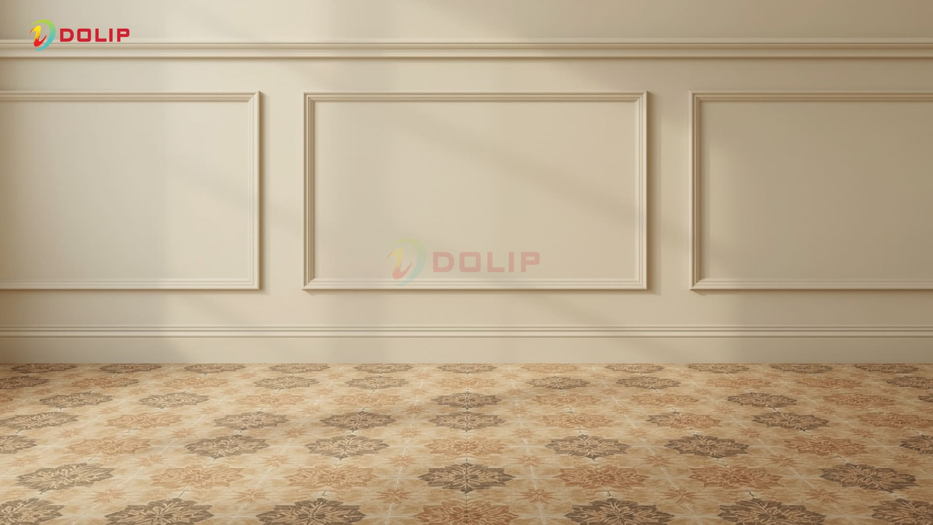 Sản cổ điển với gạch họa tiết đối xứng và tường be nhạt DL7-1(S)