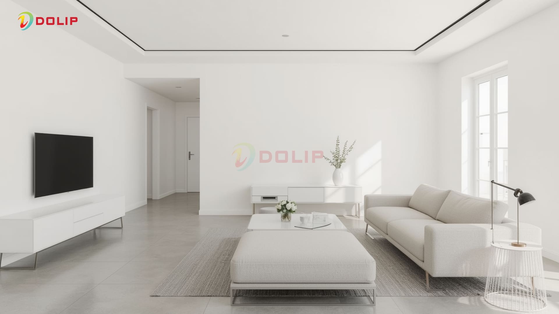 Phòng khách nền gạch xám sáng phối tường trắng tinh KA-3(S) - phong cách tối giản