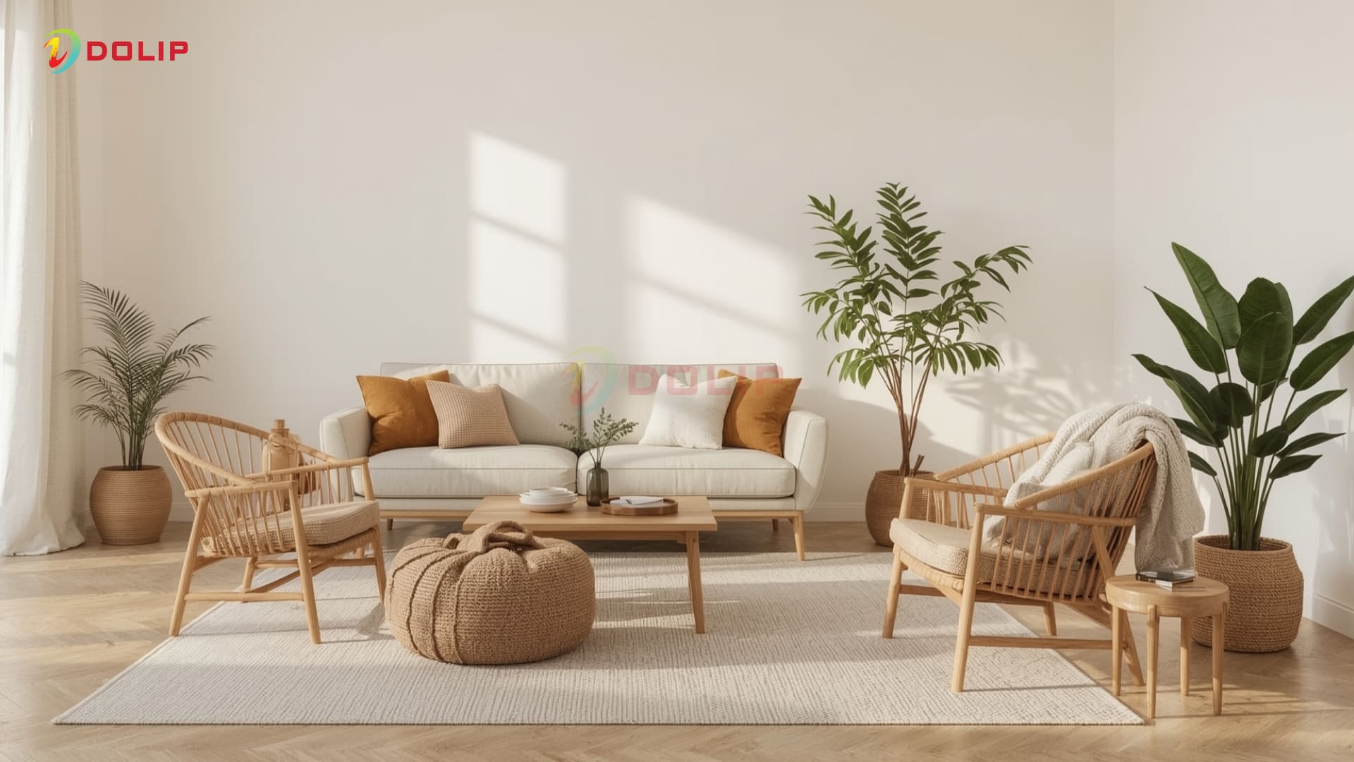 Không gian Scandinavian nhẹ nhàng với nền gạch nâu sáng phù hợp với tường trung tính