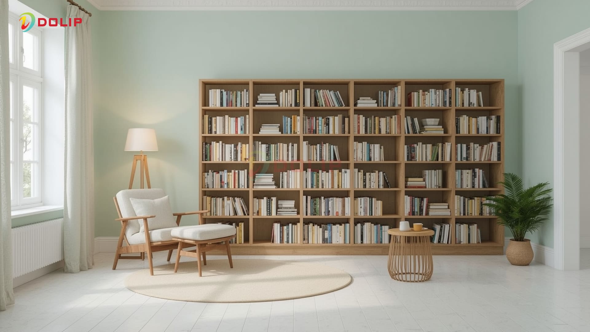 Phòng đọc sách với tường xanh nhạt, nền gạch trắng KA10-1(S)