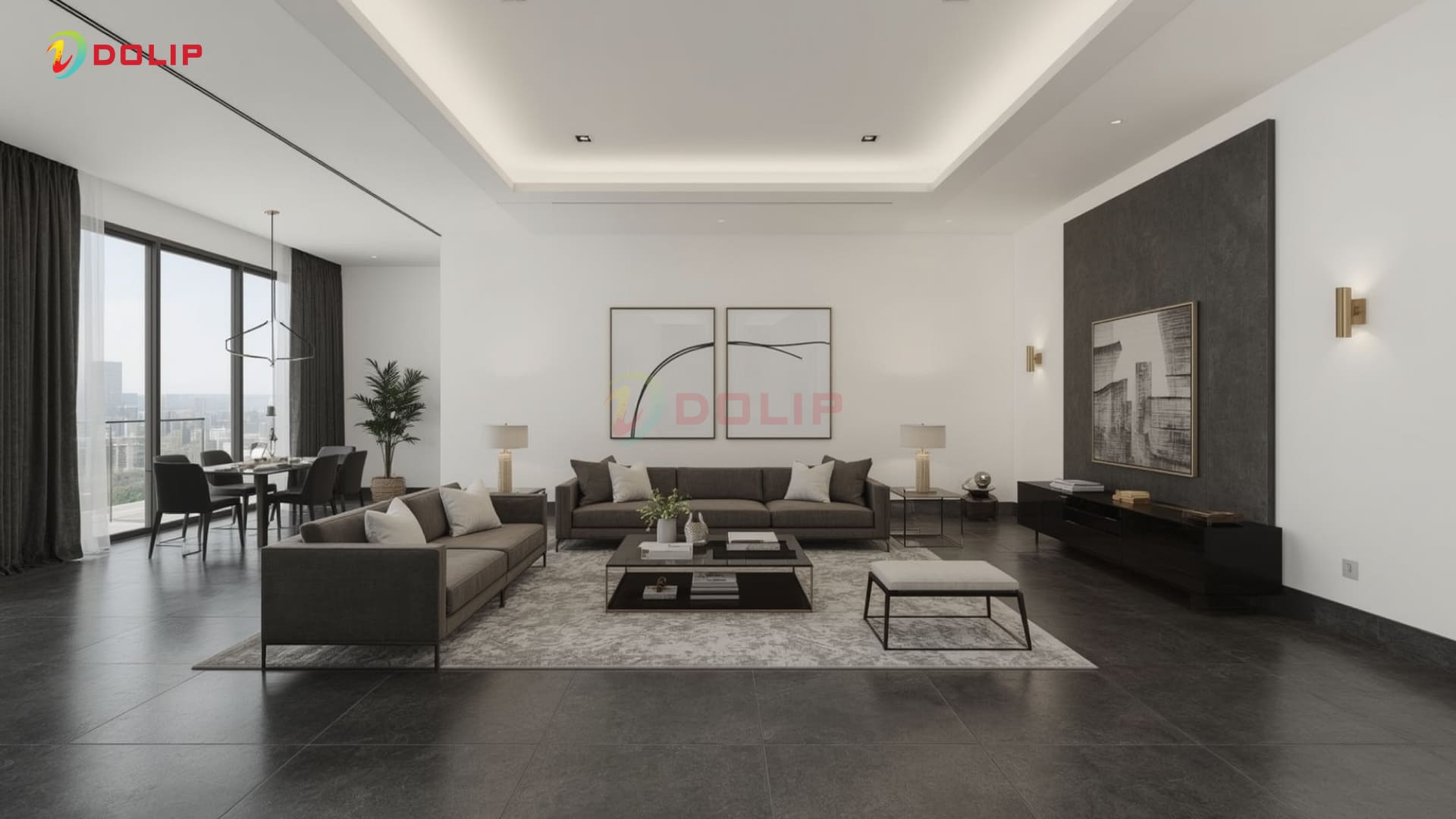 Phòng khách sang trọng với tường trắng KA-1(S) và nền gạch đen AP1716(A) phối màu tương phản