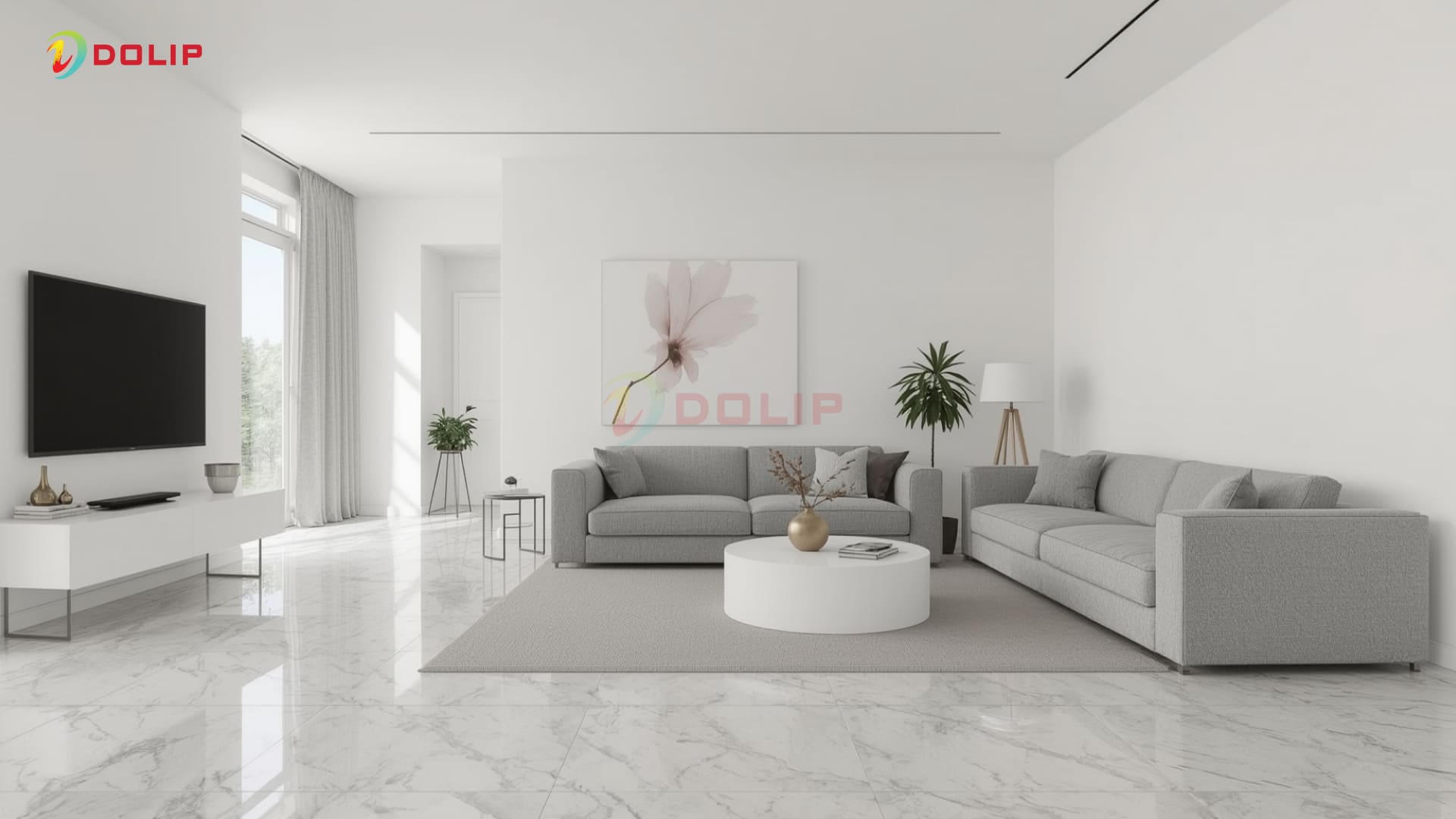 Phòng khách tone trắng - xám phối với nền gạch vân sáng và tường ghi nhạt - phù hợp với gia chủ mệnh Kim - KA-1(S) và KA1-2(S)