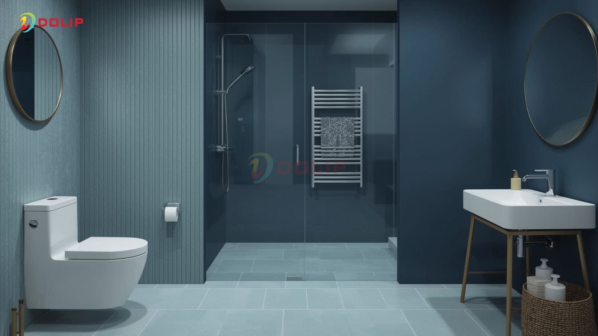 Không gian phòng tắm với gạch xanh biển nhạt và tường sơn xanh dương đậm - hợp với người mệnh Thủy - AP81-4 (D)