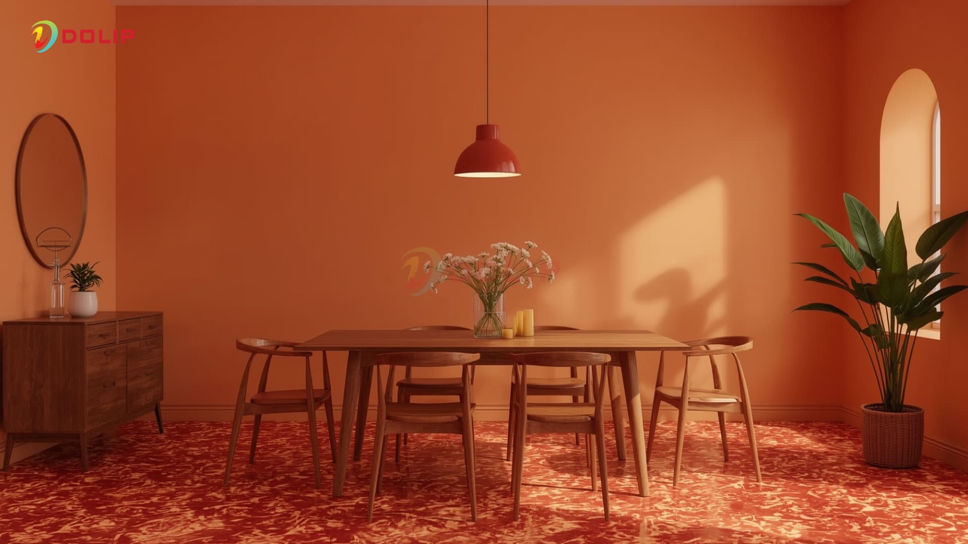 Phòng ăn ấm áp với gạch đỏ vân lửa và tường cam nhạt - phù hợp phong thủy mệnh Hỏa - AP98-2(S)