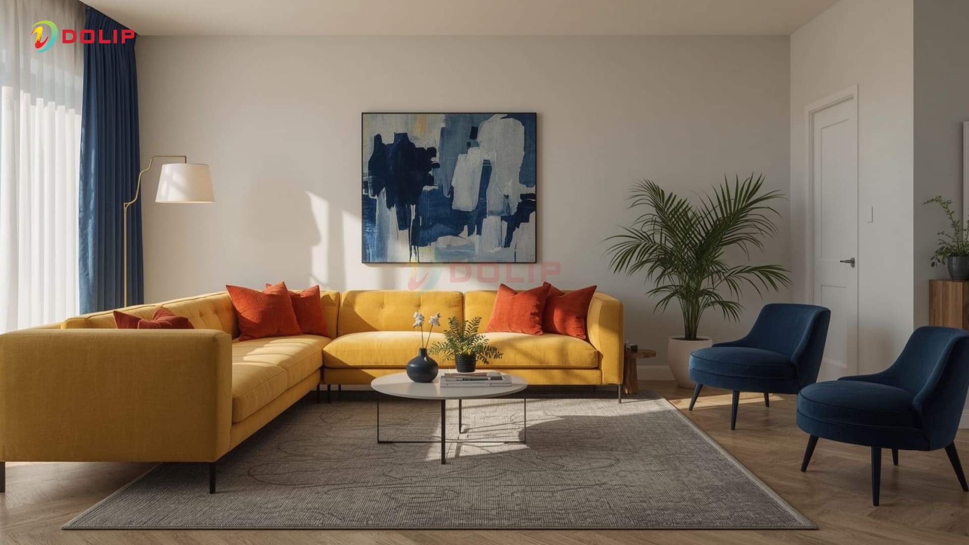 Phối phòng khách ấn tượng với sofa vàng, gối đỏ gạch AP101-4(D) và điểm nhấn xanh dương - theo bánh xe màu sắc