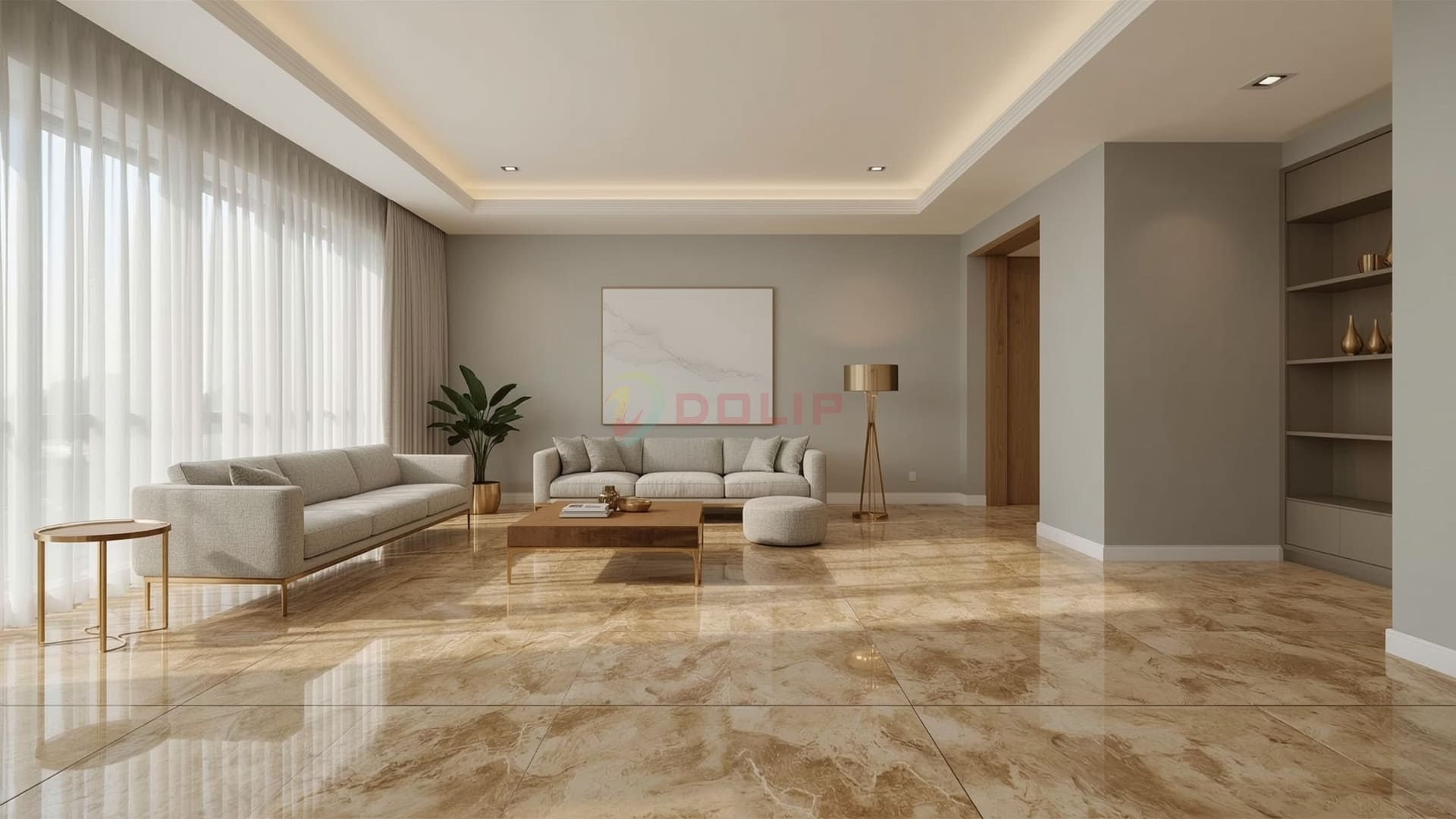 Tường xám sáng AP128-1(S) phối gạch vân đá vàng tạo hiệu ứng tương phản nổi bật