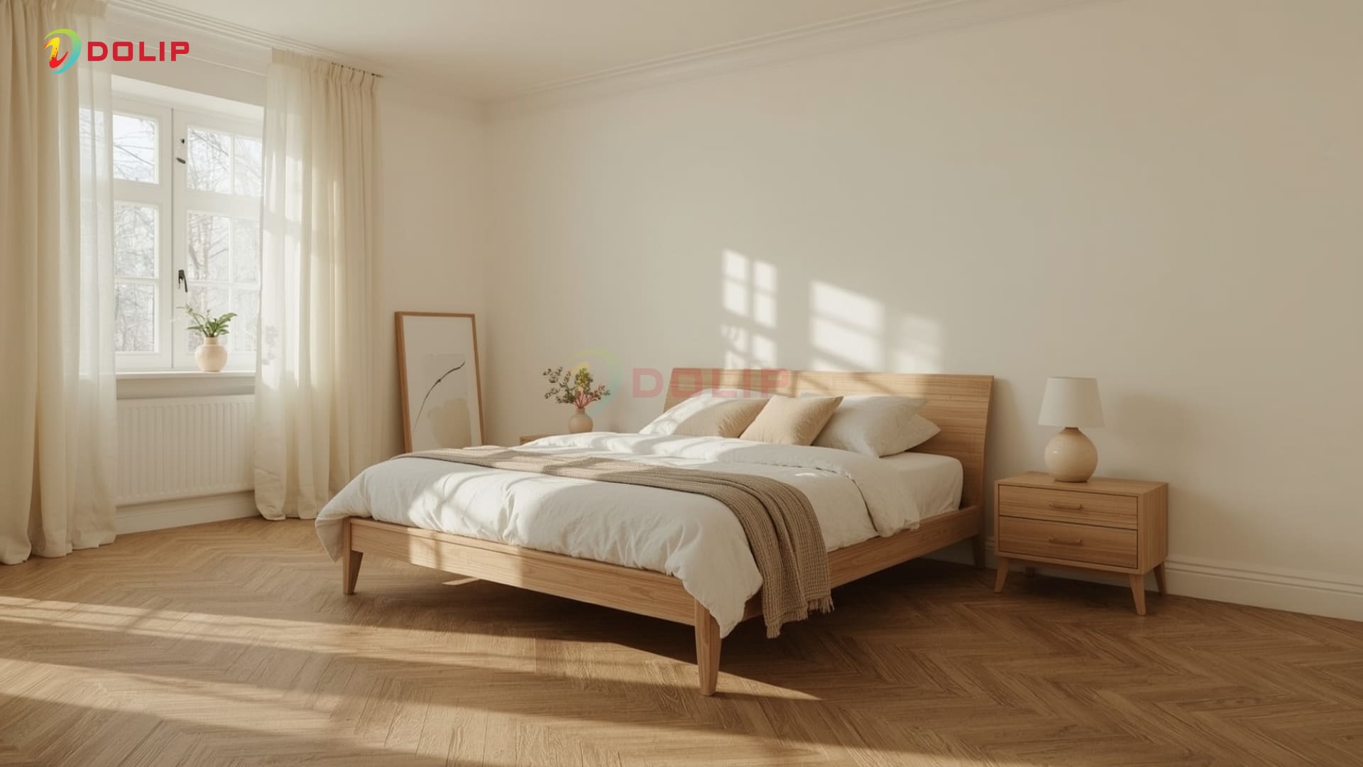 Phòng ngủ ấm áp với tường kem AP3-2(S) và gạch vân gỗ nâu