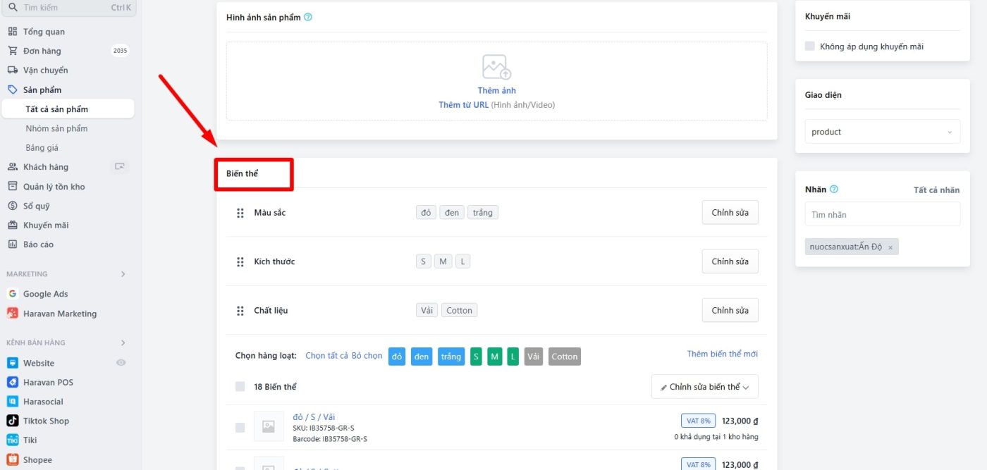 Biến thể và thuộc tính của sản phẩm