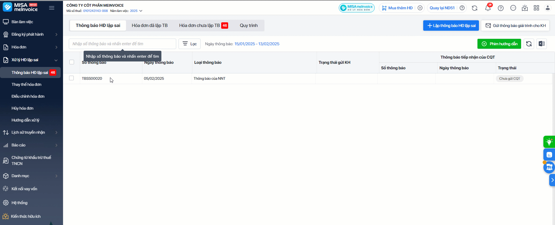 thông báo hóa đơn sai sót