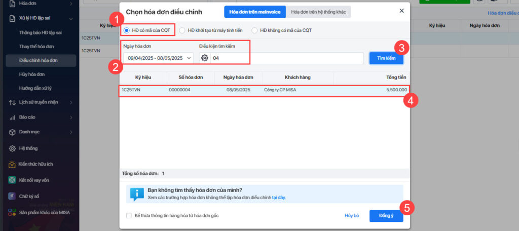 điều chỉnh hóa đơn sai sót