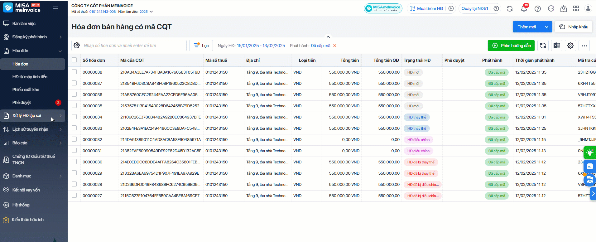 thông báo hóa đơn sai đến CQT