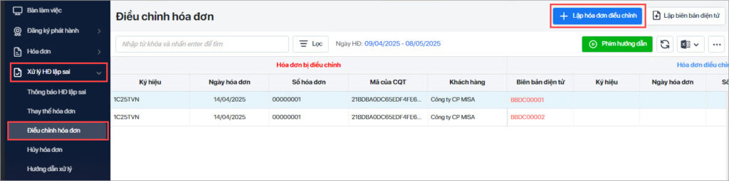 điều chỉnh hóa đơn
