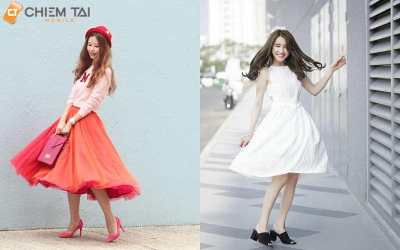 Tạo dáng chụp ảnh đường phố nữ kiểu tung váy dịu dàng
