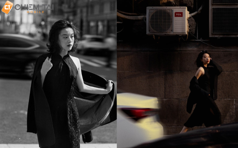 Chụp cùng dòng xe tấp nập trên đường